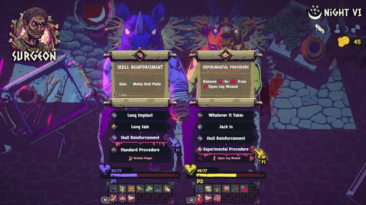 Chained Beasts afflictions Surgeon menu with Experimental Procedure selected for Open Leg Wound