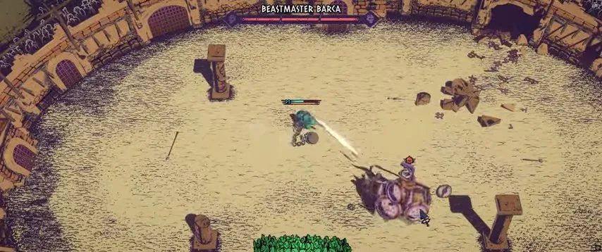 Chained Beasts bosses Beastmaster Barka riding an armored rhino in the sandy arena
