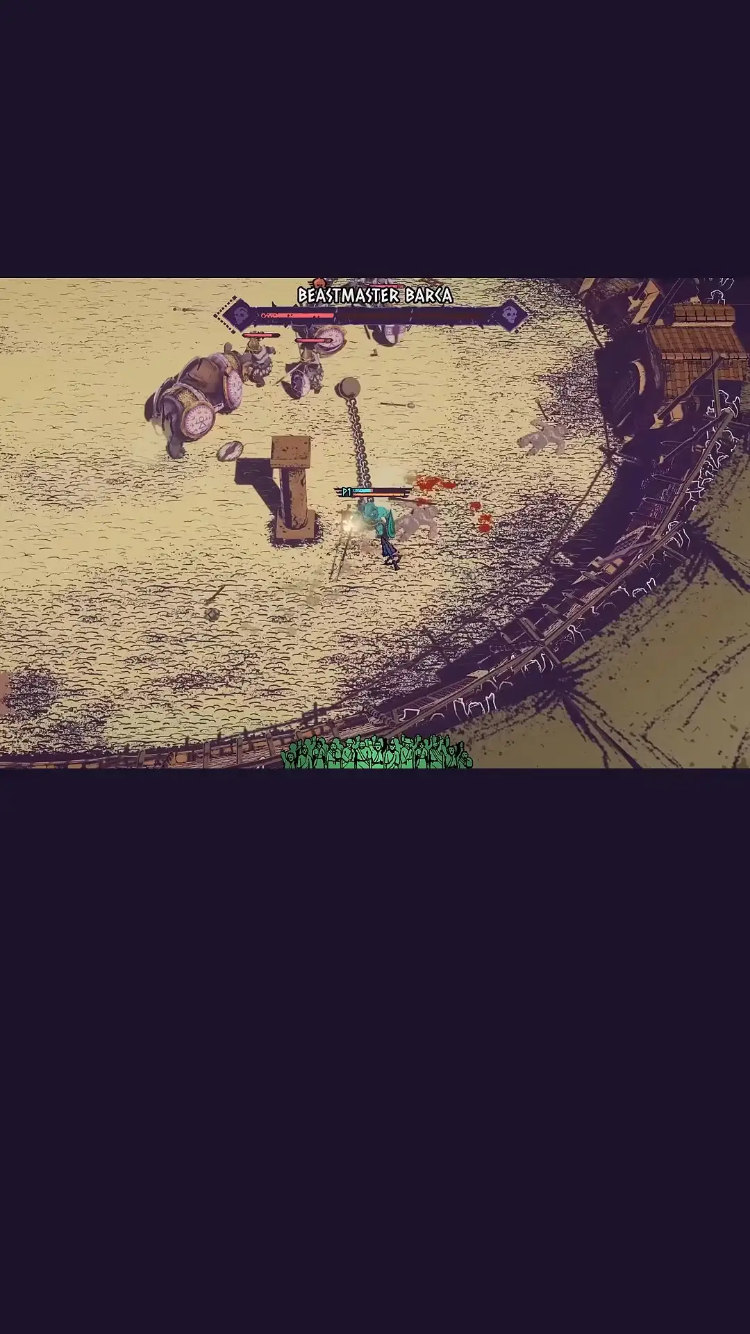 Chained Beasts bosses extended chain beside a pillar and scattered arena debris
