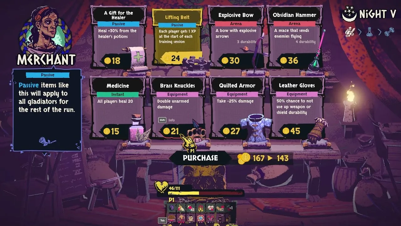 Chained Beasts best build Merchant menu with the Brass Knuckles equipment card and double unarmed damage text