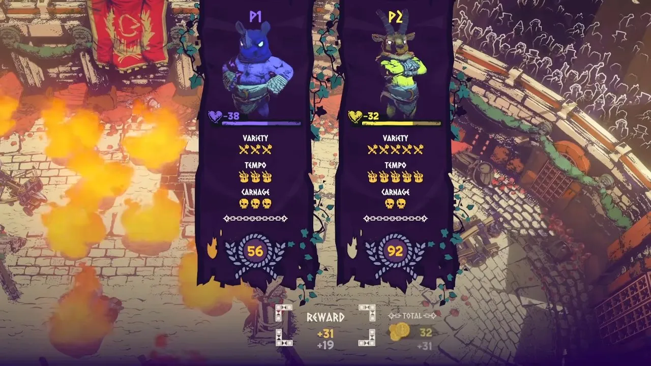 Chained Beasts Crowd Favor scorecard with P1 and P2 Variety, Tempo, Carnage, health lost, and rewards