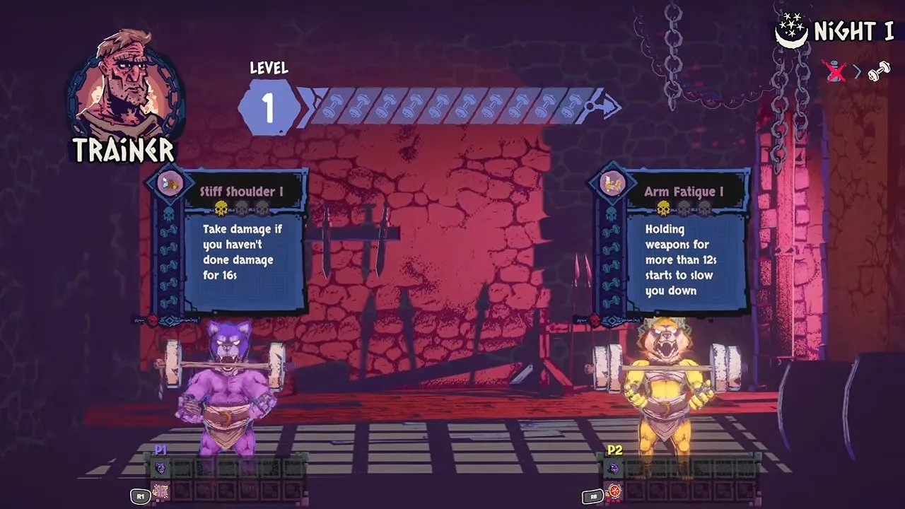 Chained Beasts difficulty trainer screen with a Level 1 experience bar and individual condition panels