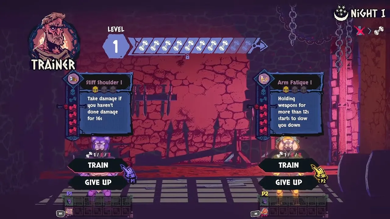 Chained Beasts difficulty training screen with Train and Give Up choices and an Arm Fatigue I panel