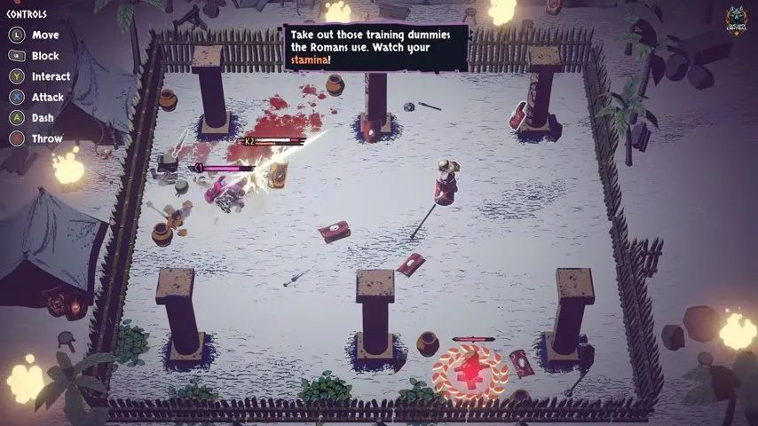Chained Beasts tips: chained fighters attack training dummies between pillars