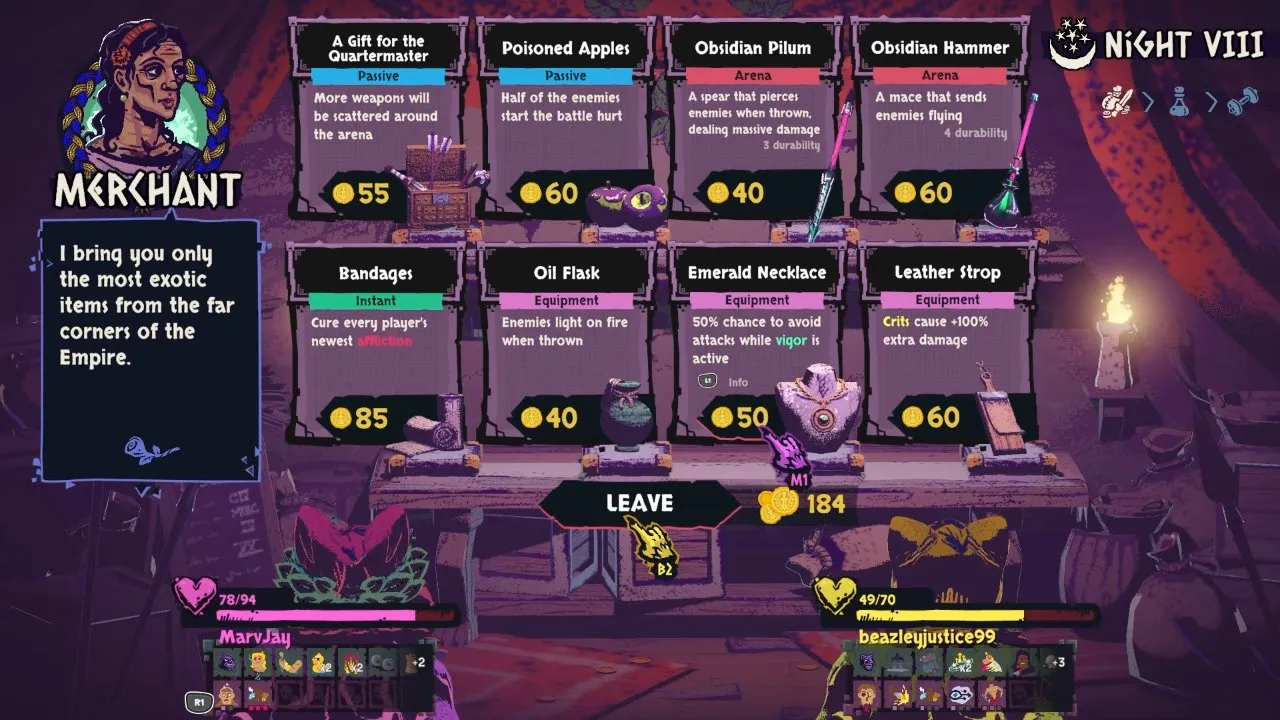 Chained Beasts Vigor Emerald Necklace equipment card at the Merchant showing a 50% chance to avoid attacks while Vigor is active