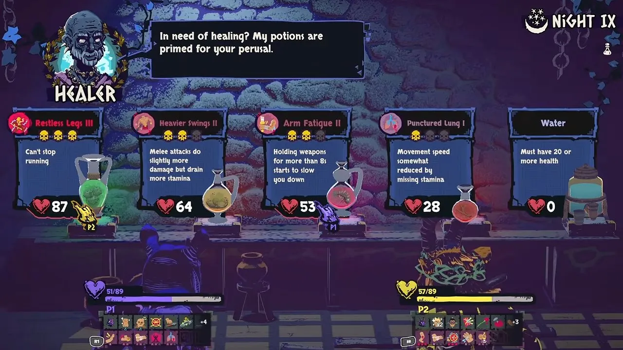 Chained Beasts weapons and items Healer menu with the Arm Fatigue II card describing slowdown after holding weapons for more than 8 seconds